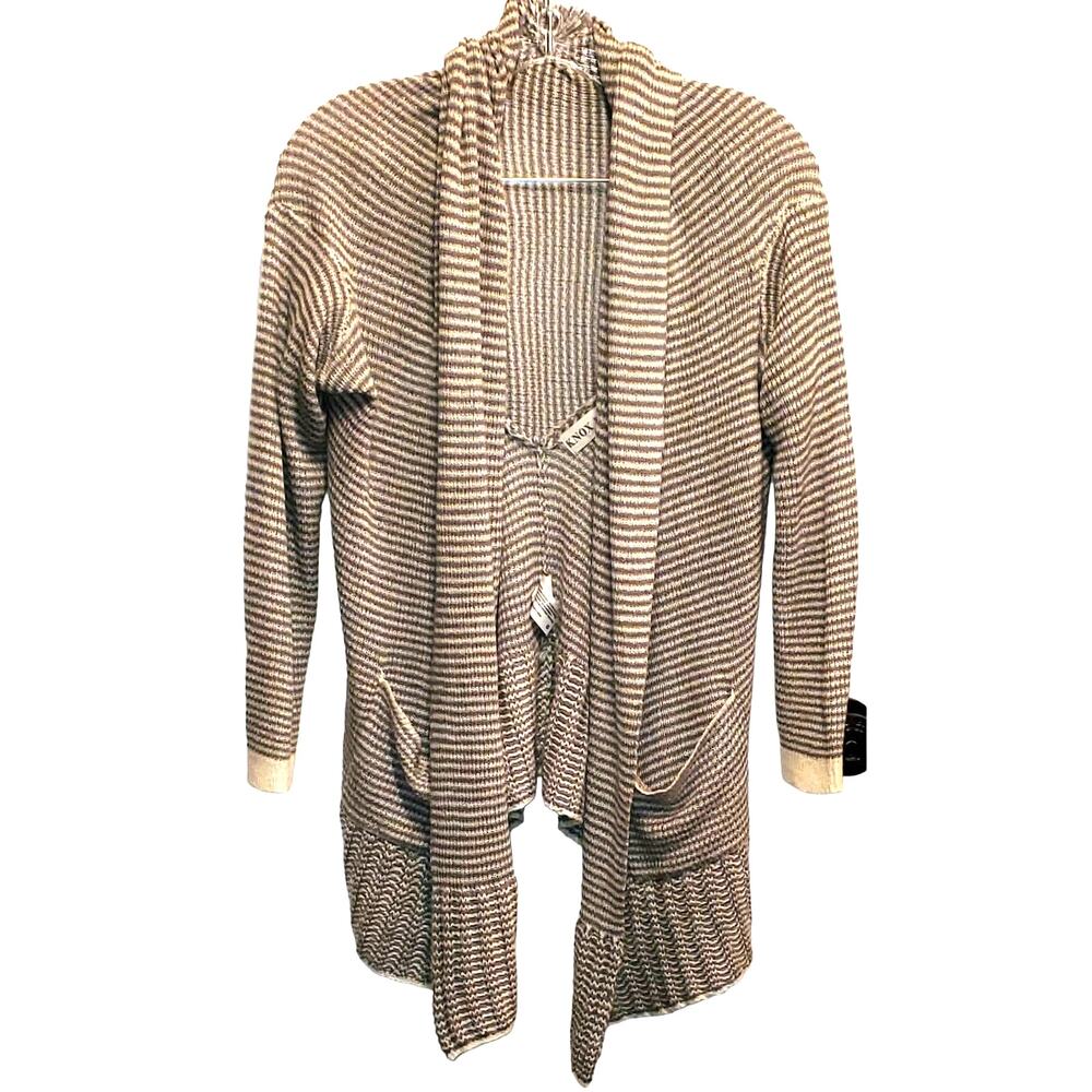Knox Rose Gray White Striped Open Front Sweater Waffle Waterfall Cardigan XS